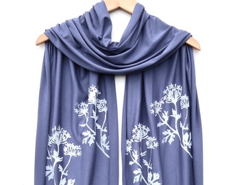 Parsley Scarf (white ink) - Jersey Scarf - Hand Printed - Botanical Print Scarf - Herbs - Blue Scarf - Wrap - Lightweight Scarf - Indigo