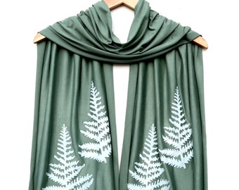 Fern Scarf (white ink), Woodland, Forest Print, Lightweight Scarf, Botanical Print, Green Scarf, Fern Design, Hand Printed, Jersey Scarf