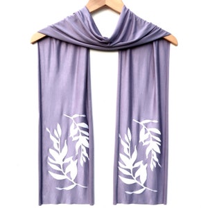 Laurel Skinny Scarf white ink Scarf Belt Boho Scarf Jersey Scarf Layering Scarf Leaf Print Purple Scarf Botanical Print image 5