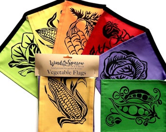 Hand Printed Vegetable Garden Flags: Colorful Kitchen Decor