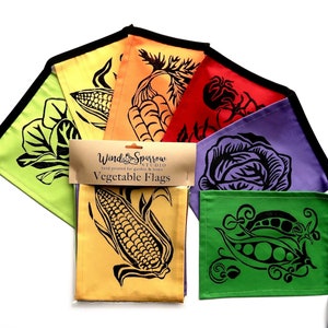Vegetable Flags, Hand printed flags for the garden, Gift for cook or gardener, Multicolor prayer flags, Kitchen decoration, Block printed