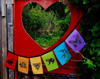 Garden Creatures Rainbow Bunting: Hand-Printed Animal Flags