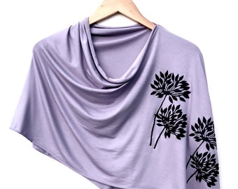 Allium Poncho (black ink) -  Flower Print - Poncho - Block Print - Wrap - Lightweight Poncho - Shawl -  Coverup -Lavender Poncho - Botanical