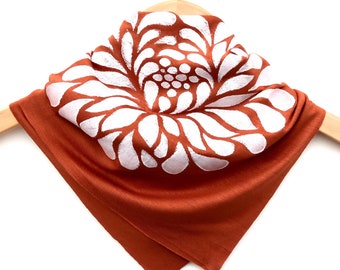 Chrysanthemum Bandana (white ink) - Hand Printed Bandana - Hair Wrap - Neck Scarf - Kerchief - Botanical Print - Soft Jersey Bandana