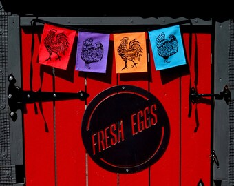 Hand Printed Hen & Rooster Garden Flags: Chicken Coop Decor