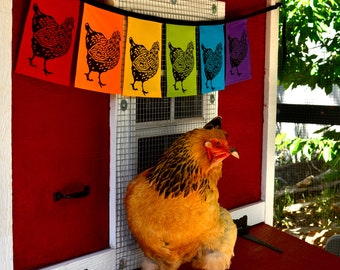 Hand Printed Rainbow Chicken Banner: Farm Garden Coop Flags