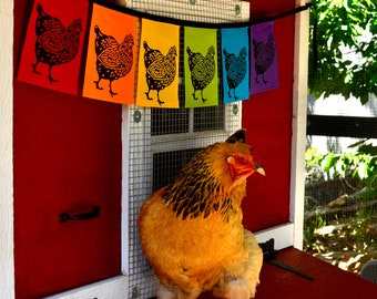 Hand Printed Rainbow Chicken Flags - Chicken Banner - Chicken Coop - Chicken Print - Rainbow Flags - Prayer Flags - Farm and Garden Art