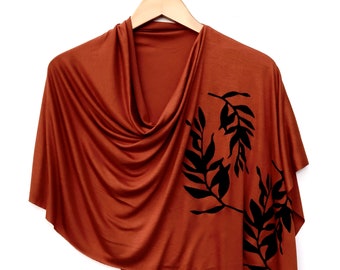 Laurel Poncho (black ink) - Orange Poncho - Block Print - Wrap - Lightweight Poncho - Shawl -  Coverup - Botanical Print - Leaf Print - Wrap