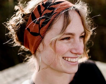 Laurel Headband (black ink), Jersey Headband, Burnt Orange Headband, Yoga Headband, Leafy, Botanical Print, Dance Hair Wrap, Terracotta