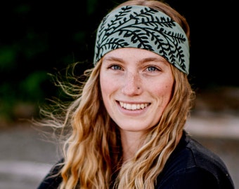 Leafy Branch Headband: Hand printed, soft jersey, green botanical hair wrap