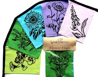 Garden Flags with Flowers, Hand Printed Flower Flags in Jewel Tones, Prayer Flags, Gift for Moms, Gift for gardener, Garden party decoration