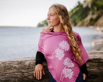 Allium Poncho (white ink) -  Flower Print - Poncho - Cover Up - Beach Wrap - Lightweight Poncho - Shawl - Workout Coverup - Yoga Wrap - Pink