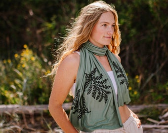 Moss Green Leafy Branch Scarf: Hand-Printed Rayon Jersey Wrap
