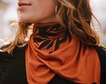 Laurel Bandana (black ink) - Hand Printed Bandana - Neck Scarf - Kerchief - Orange Bandana - Leaf Print - Rust- Terracotta- Jersey Bandana