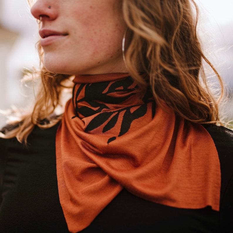 Laurel Bandana black ink Hand Printed Bandana Neck Scarf Kerchief Orange Bandana Leaf Print Rust Terracotta Jersey Bandana image 1