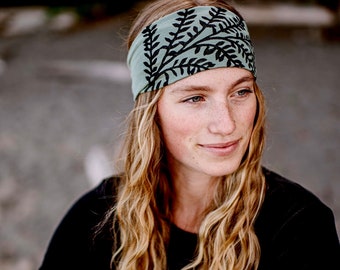 Leafy Branch Headband: Black Ink Botanical Print, Green Jersey Hair Wrap