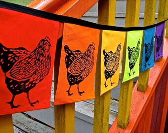 Rainbow Chicken Banner: Cotton Bunting Flags, Hen House Decor