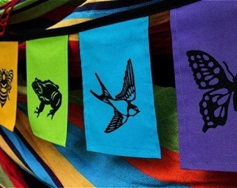 Garden Creatures Rainbow Flags - Rainbow Bunting - Kid's Room Decor - Waldorf Baby - Prayer Flags - Animal Prints - Rainbow Party Flags