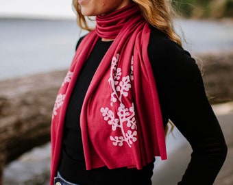 Berry Branch Scarf (white ink) - Jersey Scarf - Botanical Print - Lightweight Scarf- Hand Printed Scarf - Yoga Scarf - Berry Red Etsy Color