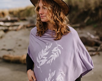 Laurel Poncho (white ink) -  Leaf Print - Poncho - Cover Up - Lavender Poncho - Lightweight Poncho - Shawl - Yoga Wrap - Sun Cover up