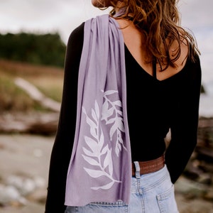 Laurel Skinny Scarf white ink Scarf Belt Boho Scarf Jersey Scarf Layering Scarf Leaf Print Purple Scarf Botanical Print image 2