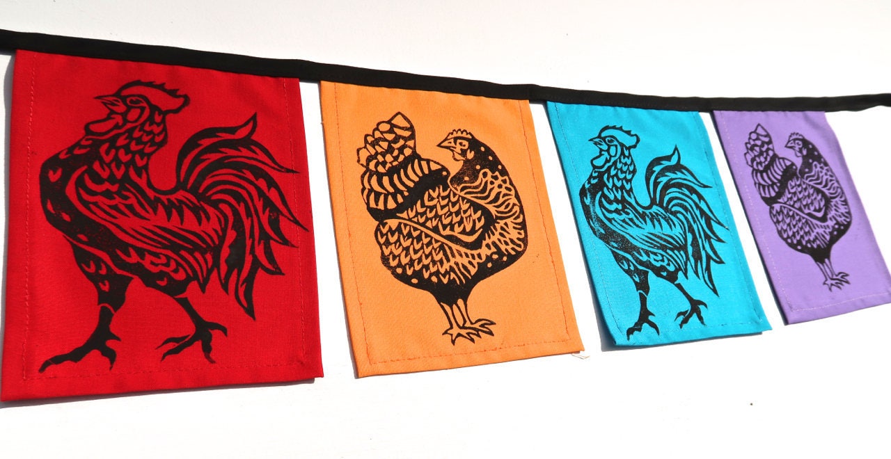 Hand Printed Flags Hen&Rooster Flags Chicken Garden Etsy