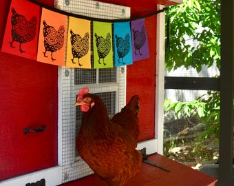 Rainbow flags with chickens, chicken coop decoration, gift for gardener, banner for decorating garden or kitchen, hand printed prayer flags