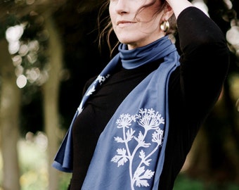 Hand Printed Parsley Skinny Scarf: Soft Denim Blue Botanical Print Scarf or Hair Wrap