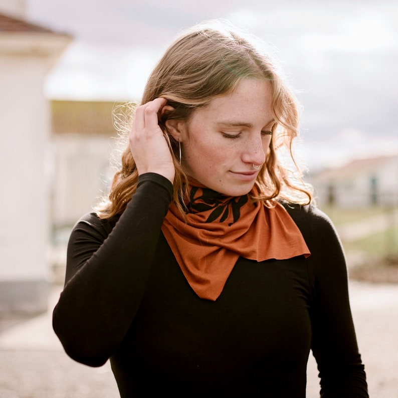 Laurel Bandana black ink Hand Printed Bandana Neck Scarf Kerchief Orange Bandana Leaf Print Rust Terracotta Jersey Bandana image 2