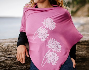 Allium Poncho (white ink) -  Flower Print - Poncho - Cover Up - Beach Wrap - Lightweight Poncho - Shawl - Workout Coverup - Yoga Wrap - Pink
