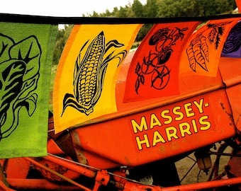 Hand Printed Vegetable Flags - Garden Party Bunting - Farm and Garden Decoration - Vegetable Print - Prayer Flags - Garden Flag Set - Farmer