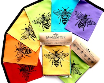 Rainbow Honeybee Flags, Banner with bees in rainbow colors, Gift for beekeeper or gardener, Garden pollinators, Hand printed garden art