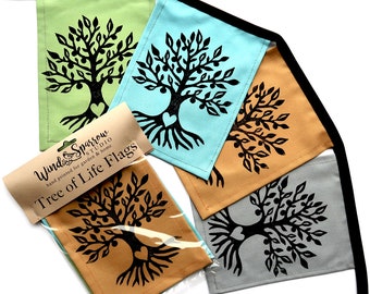 Tree of Life Flags in muted tones, Hand printed prayer flags with nature imagery, Gift for wedding, Housewarming gift, Banner with hearts