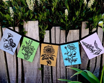 Hand Printed Flower Flags in Soft Muted Tones - Flower Banner - Flower Prints - Garden Flags - Prayer Flags - Fabric Bunting - Flower Garden
