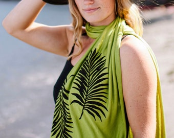 NEW Palm Leaf Scarf (black ink), Hand Printed, Beach Cover Up, Hand Printed Scarf, Resort Wear, Yoga Wrap, Tropical Print, Vacation Wrap