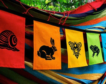 Garden Creatures Rainbow Flags - Hand Printed - Party Flags - Garden Flags - Prayer Flags - Gift for Child - Block Print - Frog - Bee - Bird