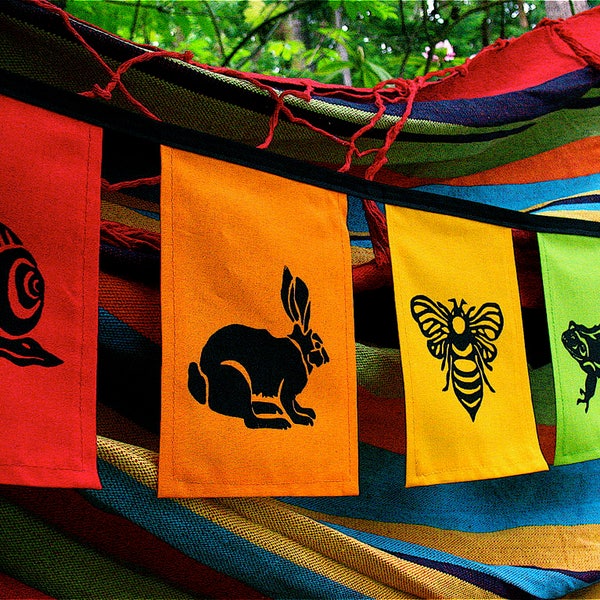 Garden Creatures Rainbow Flags - Hand Printed - Party Flags - Garden Flags - Prayer Flags - Gift for Child - Block Print - Frog - Bee - Bird