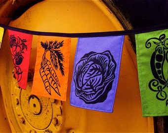 Vegetable Garden Bunting: Hand-Printed Cotton Flags, Farmhouse Decor