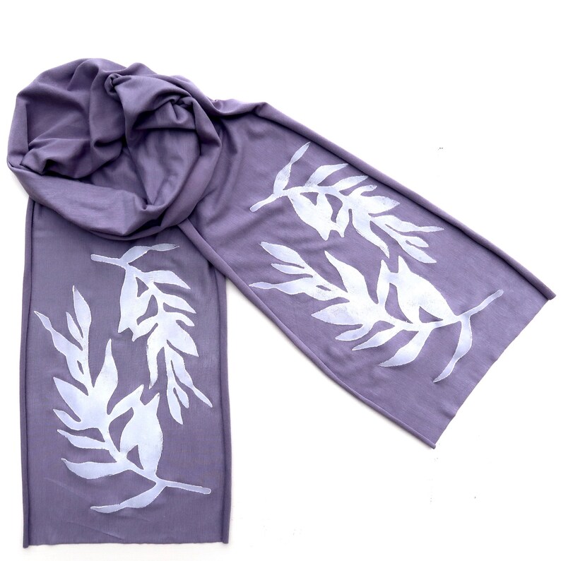 Laurel Skinny Scarf white ink Scarf Belt Boho Scarf Jersey Scarf Layering Scarf Leaf Print Purple Scarf Botanical Print image 3