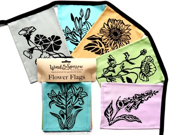 Banderas de flores, Banner impreso a mano con flores, Banderas de oración de algodón en tonos apagados, Regalo para mamá, Regalo para jardinero, Decoración de fiestas en el jardín