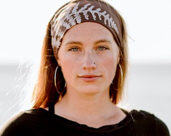 Hand Printed Fern Headband: Soft brown botanical print jersey hair wrap