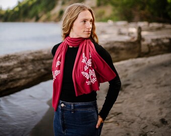 Berry Branch Scarf (white ink) - Jersey Scarf - Botanical Print - Lightweight Scarf- Hand Printed Scarf - Yoga Scarf - Jersey Scarf - Floral