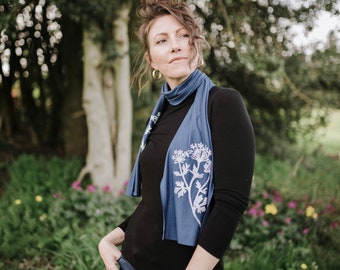 Hand Printed Parsley Skinny Scarf: Soft Denim Blue Botanical Print Scarf or Hair Wrap