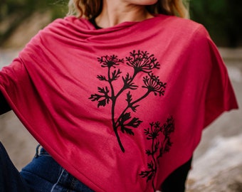 Parsley Poncho (black ink) -  Hand Printed - Berry Red Color - Cover Up - Wrap - Lightweight Poncho - Shawl - Botanical Print - Boho Poncho