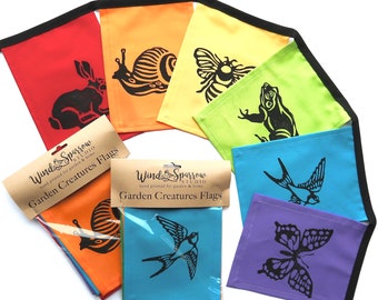 Rainbow Garden Creature Flags: Hand-Printed Cotton Animal Banner