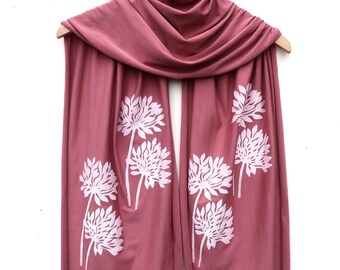 Hand Printed Allium Scarf: Rose Pink Lightweight Jersey Wrap, Botanical Block Print