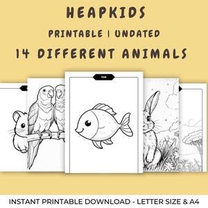 May include: A printable coloring page set featuring 14 different animals, including a fish, a rabbit, and two birds. The pages are designed for instant download and are available in letter size and A4.