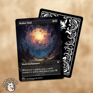 May include: A collectible card with the title "Nether Void" and a vibrant illustration of a fiery, otherworldly scene. The card is a "World Enchantment" with game instructions. A second black card with white decorative elements is behind it.