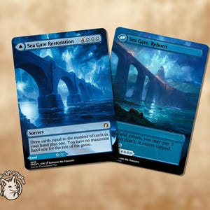May include: Two Magic: The Gathering cards featuring bridge artwork. One card is titled "Sea Gate Restoration" and the other is "Sea Gate, Reborn." Both cards have a blue and white color scheme with text and symbols.