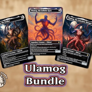 Peut inclure: Un ensemble de trois cartes Magic: The Gathering mettant en vedette l'Eldrazi Ulamog. Les cartes présentent des illustrations détaillées des créatures, avec le texte "Ulamog, the Infinite Gyre", "Ulamog, the Defiler" et "Ulamog, the Ceaseless Hunger".